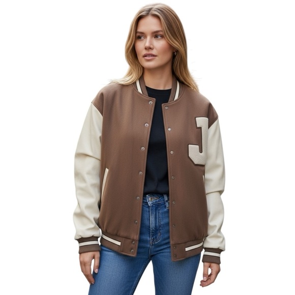 FASHION NOVA Oversized Varsity Jacket Best in Class J Mocha Combo Womens Small - Picture 10 of 17